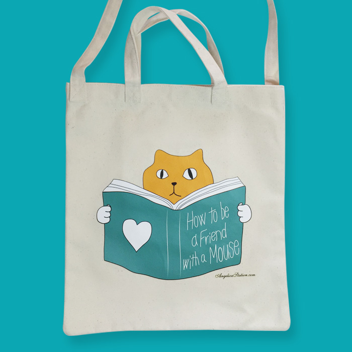 Angelica Station | Two Way Canvas Tote Bag – Book Cat with Color Print